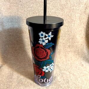STARBUCKS RARE Tattoo Stitch Floral Black Tumbler with Straw NEW WITH TAG